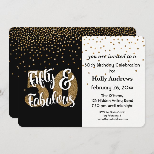 Convites 50 e fabulosa Festa de aniversário com brilho Dour (Frente/Verso)