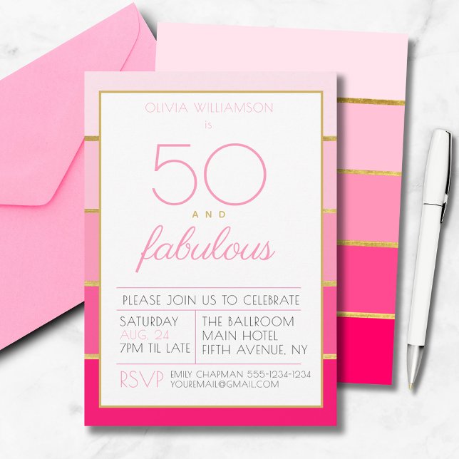 Convites 50 e fabulosa festa de aniversário de ouro rosa (50 and fabulous, modern pink and gold, fiftieth birthday party invitation. 50th birthday party)
