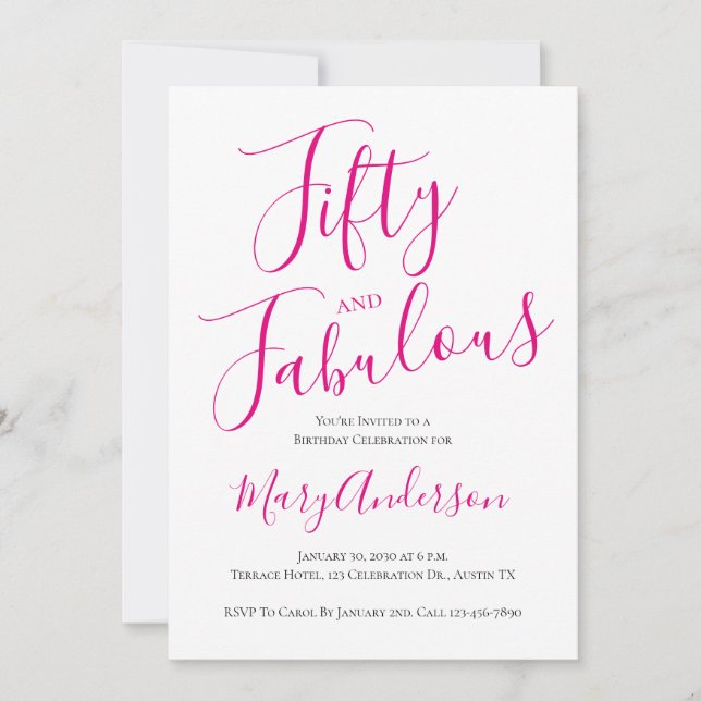 Convites 50 e Fabulosa Festa de aniversário de Script Rosa  (Frente)
