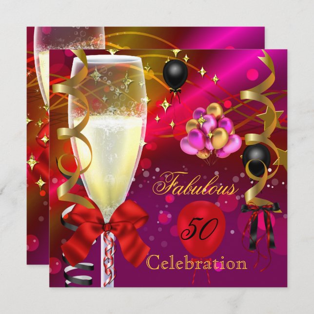 Convites 50 e Fabulosa Festa de aniversário Dourada Vermelh (Frente/Verso)