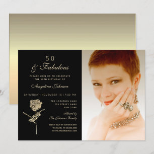 Convites 50 e Fabulosa Foto Dourada Floral Preta Elegante