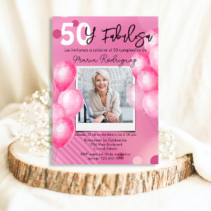 Convites 50 e Fabulosa Foto Rosa Espanhol Aniversário de 50