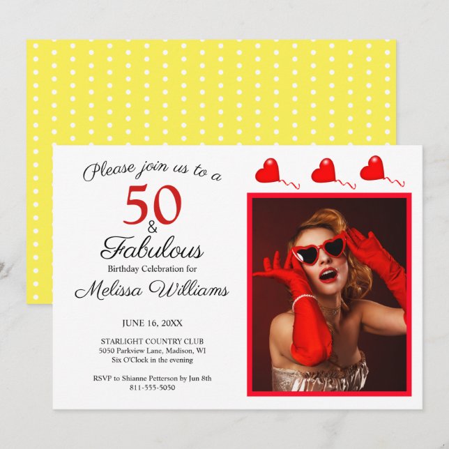 Convites 50 e Fabulosa Foto Vermelha 50º Aniversário Amarel (Frente/Verso)