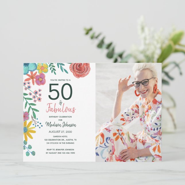 Convites 50 e fabulosas elegantes flores aquarela (Em pé/Frente)