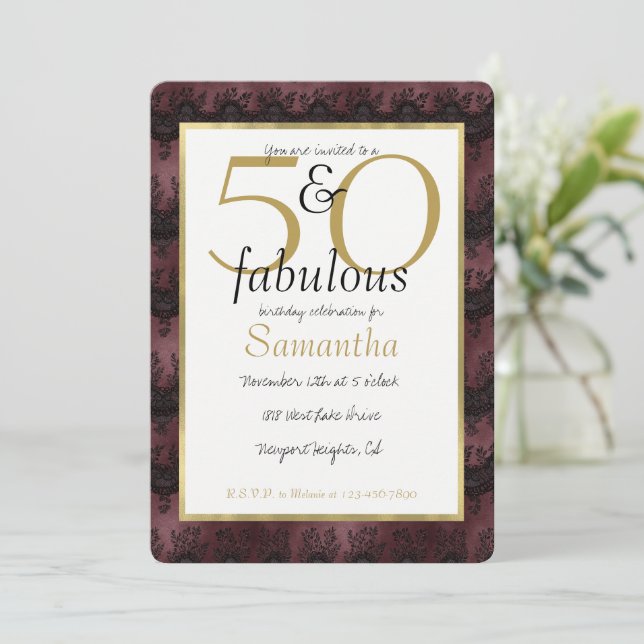 Convites 50 e Fabulosas Glam Dourado Borgonha Preto Renda F (Em pé/Frente)