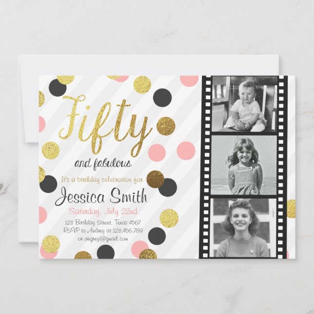 Convites 50 e Fabuloso 50 Dourados Aniversários de Glitter (Frente)