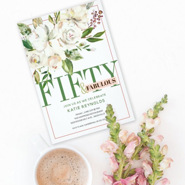 Convites 50 e Fabuloso Aniversário Branco Floral (Criador carregado)