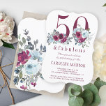 Convites 50 e fabuloso aniversário de burgundy vermelha flo<br><div class="desc">Elegante feminina 50 e fabuloso convite de aniversário com buquês de burgundy vermelha e rosas de peônias azuis leves e cor d'água e um moderno roteiro de tipografia.              Fácil de personalizar com seus detalhes!</div>