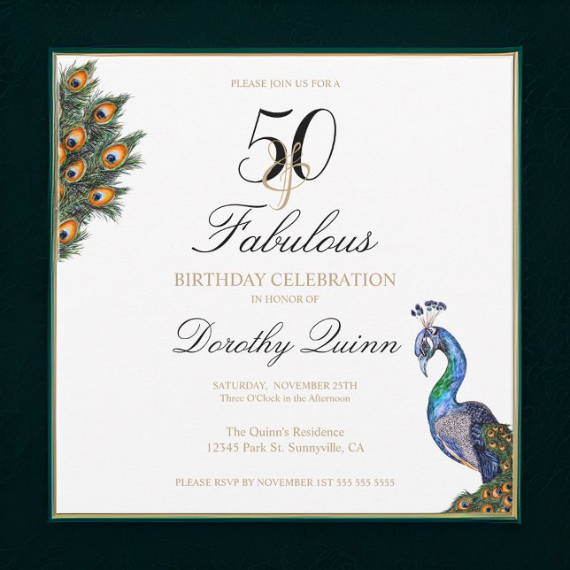 Convites 50 e Fabuloso Aniversário de Peacock de Aquarela E (Criador carregado)