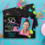 Convites 50 e Fabuloso aniversário de pintura retrô de 80<br><div class="desc">Comemore seu aniversário de 50 anos com um design retrorreflector cor-de-rosa,  azul e verde de tinta criado de minha mão pintada design num fundo preto com um modelo de foto personalizado.</div>