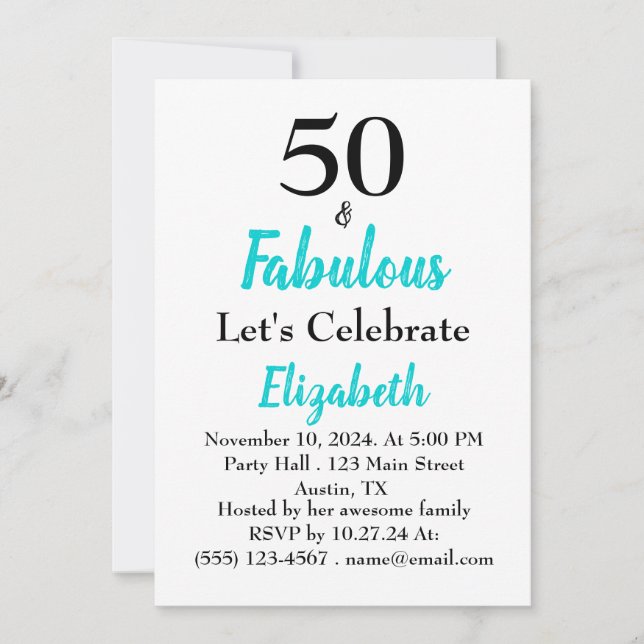 Convites 50 e Fabuloso aniversário de turquesa (Frente)