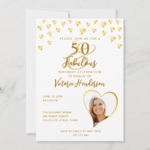 Convites 50 e Fabuloso aniversário Dourado e Branco Elegant