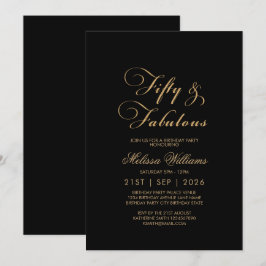 Convites 50 e Fabuloso aniversário Dourado Elegante Preto