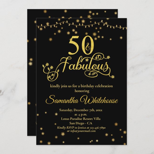 Convites 50 e Fabuloso    Aniversário Glitter Negro Dourado (Frente/Verso)