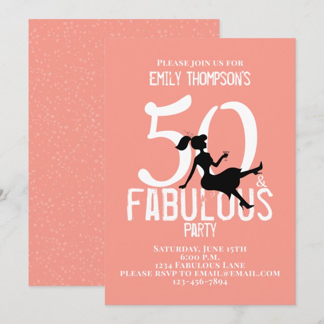 Convites 50 e Fabuloso Aniversário Moderno Peach (Frente/Verso)