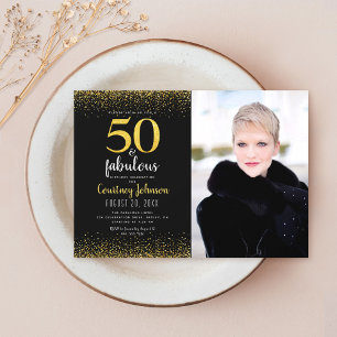 Convites 50 e fabuloso aniversário preto dourado brilho fot