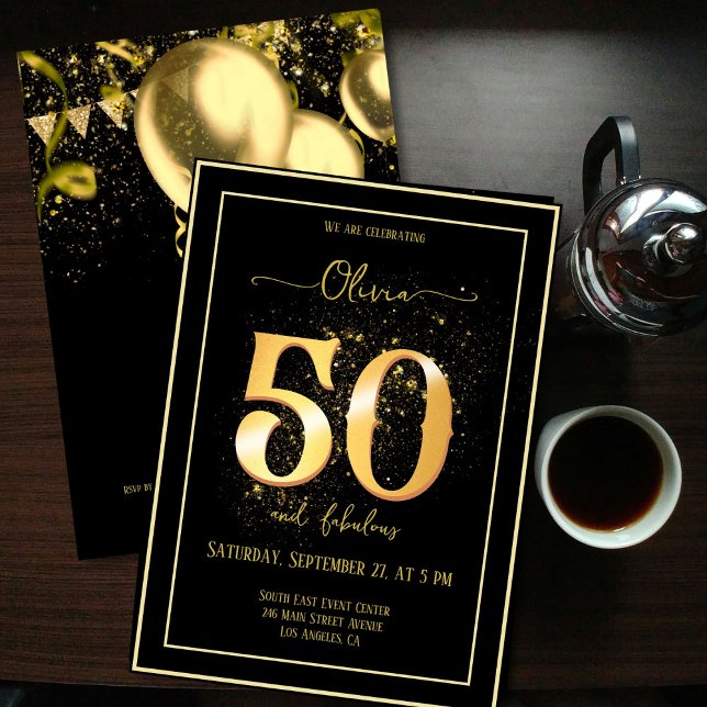 Convites 50 e Fabuloso Aniversário Preto Dourado Espelhante (Criador carregado)