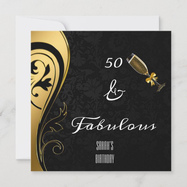 Convites 50 e Fabuloso Aniversário Preto e Dourado Elegante (Frente)