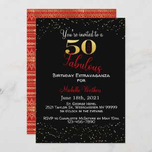 Convites 50 e fabuloso Aniversário Vermelho Negro Dourado