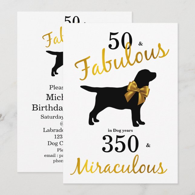 Convites 50 e fabuloso - Anos Cachorros - Dourado Labrador (Frente/Verso)