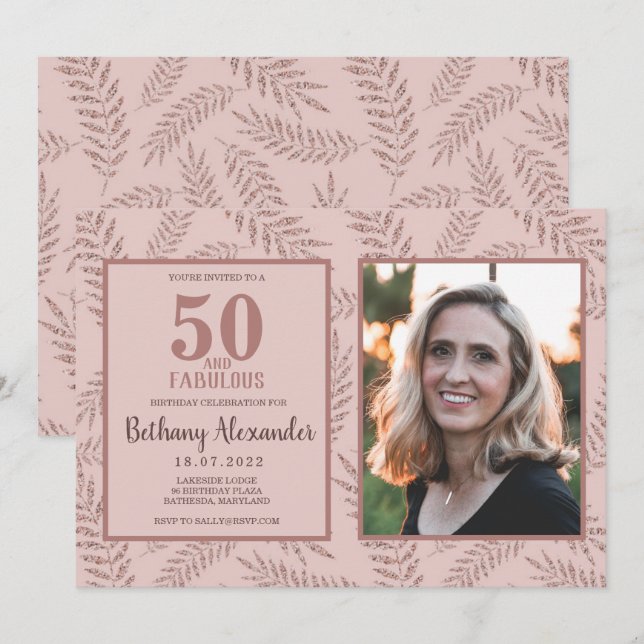 Convites 50 e Fabuloso Brilho Dourado Rosa (Frente/Verso)