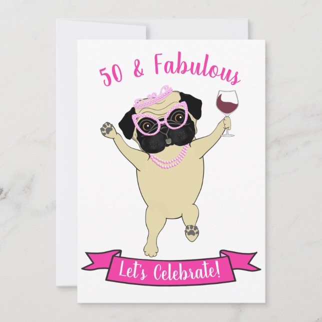 Convites 50 e Fabuloso Cachorro Engraçado Diva Pink Birthda (Frente)
