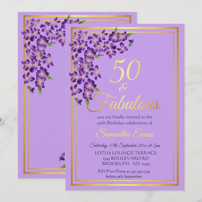 Convites 50 e Fabuloso Dourado Violet 50º aniversário (Frente/Verso)