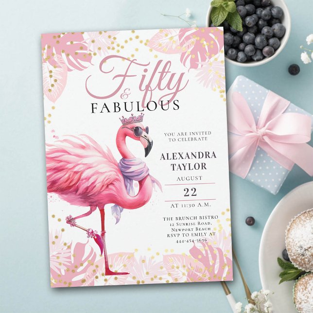 Convites 50 e Fabuloso Flamingo Rosa Funny 50º aniversário (50 and fabulous birthday invitation funny pink flamingo tiara watercolor)