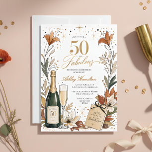 Convites 50 e Fabuloso Floral Champagne Aniversário de 50 a