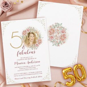 Convites 50 e Fabuloso Foto Dourado Floral Rosa de Aniversá