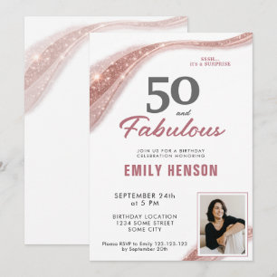 Convites 50 e Fabuloso Rosa Dourado Aniversário de 50 anos