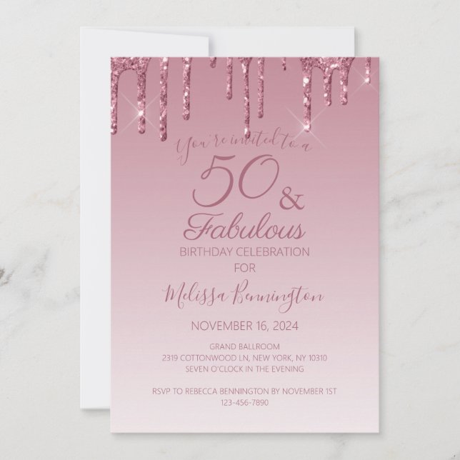 Convites 50 e Fabuloso Rosa Ouro Brilhante Gotejando Glitte (Frente)
