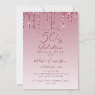 Convites 50 e Fabuloso Rosa Ouro Brilhante Gotejando Glitte