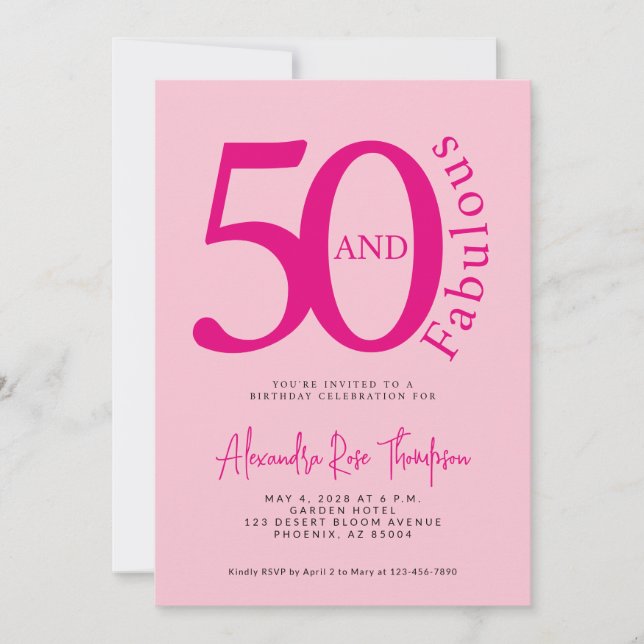 Convites 50 e Fabuloso Rosa Script Aniversário de 50 anos (Frente)