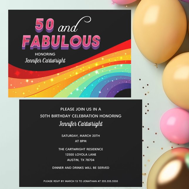 Convites 50 e Fabuloso Texto de Aniversário Rosa com Brilho (Criador carregado)