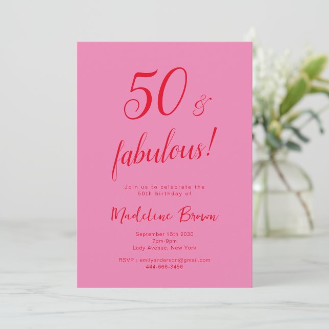 Convites 50 e Fabuloso Vermelho Cor-de-Rosa Vermelho Modern (Em pé/Frente)
