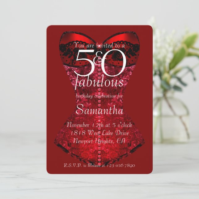 Convites 50 e Fabulosos Corset Vermelho de Aniversário (Em pé/Frente)