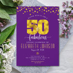 Convites 50 e fabulosos pontos de folha de ouro de aniversá<br><div class="desc">"50 e fabuloso." Adquira-o e levante-o em 50 com estilo! Envie esta estonteante, moderna, falso folha de ouro gráfico "50" e pontos em fundo roxo, 50 anos de aniversário, convite personalizado para uma celebração a lembrar. Os pontos Dourados adoram as costas. Também estão disponíveis envelopes de coordenação, etiquetas, placas de...</div>