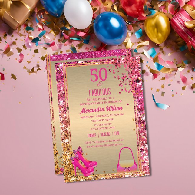 Convites 50 e Fabulosos Saltos de Luxo Dourado Rosa Brilho (Criador carregado)