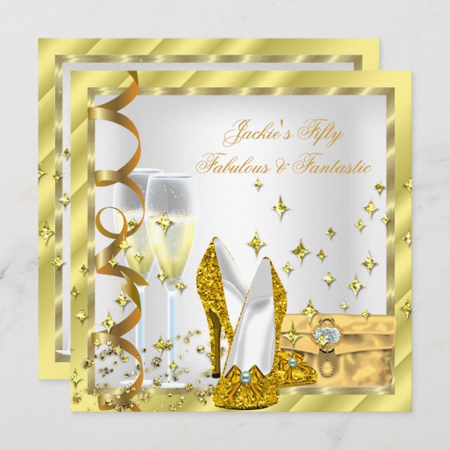 Convites 50 e fantástico aniversário Dourado Amarelo branco (Frente/Verso)