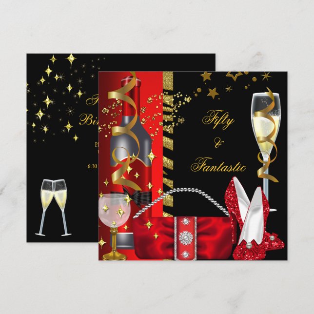 Convites 50 e Festa de aniversário Dourada Vermelha Fantást (Frente/Verso)
