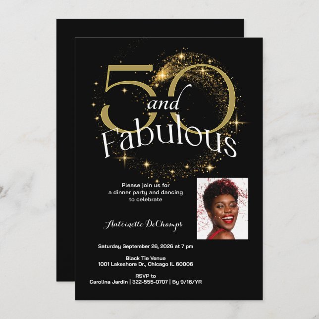 Convites 50 e Festa de aniversário fabulosa, preto-branco,  (Frente/Verso)