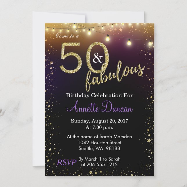 Convites 50 e luzes e festa de aniversário fabulosas das (Frente)