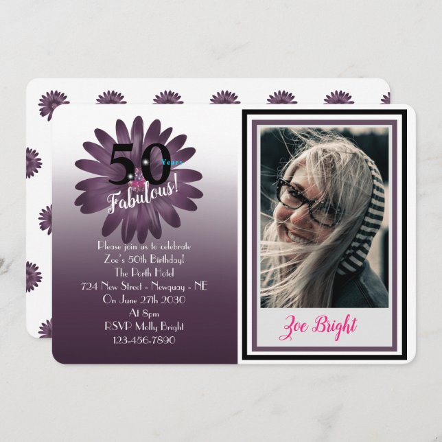 Convites 50 e margarida roxa fabulosa e divertida com brilh (Frente/Verso)
