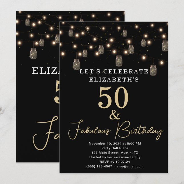 Convites 50 e preto fabuloso com luzes de cordas (Frente/Verso)