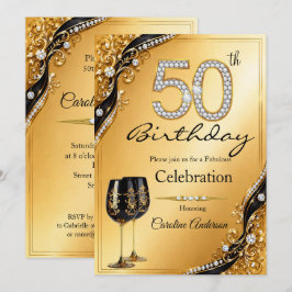 Convites 50 Elegante Diamante Preto Dourado Aniversário