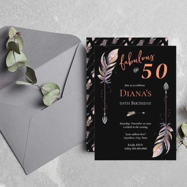 Convites 50 & Fab Aniversário de 50 anos Preto Laranja Boho (Criador carregado)