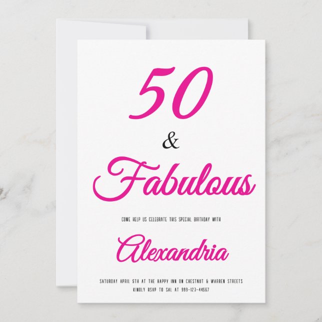 Convites  50 & Fabulosa Rosa Quente Preta Aniversário de 50 (Frente)