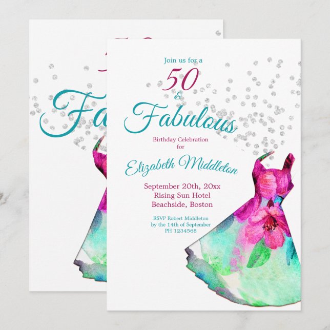 Convites 50 Fabuloso Aniversário de Vestido Floral Elegante (Frente/Verso)