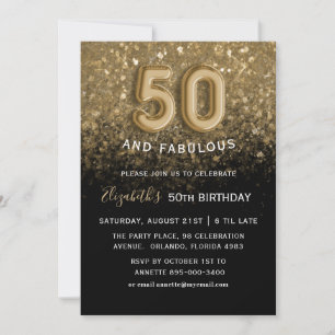 Convites 50 & Fabuloso Brilho Preto e Dourado Aniversário